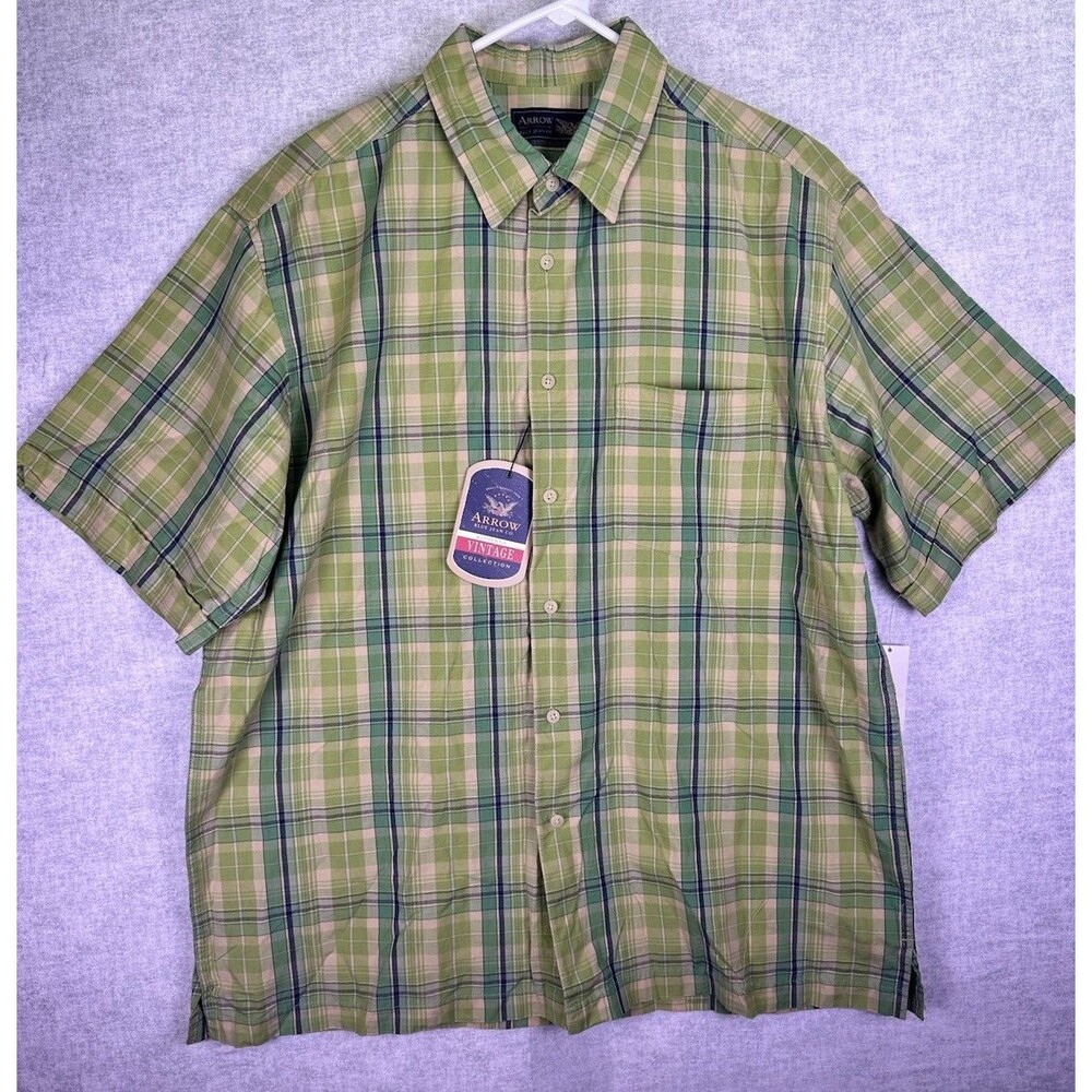 NWT Arrow Men Button Up Shirt Large Green Short Sleeve Plaid Vintage Collection
